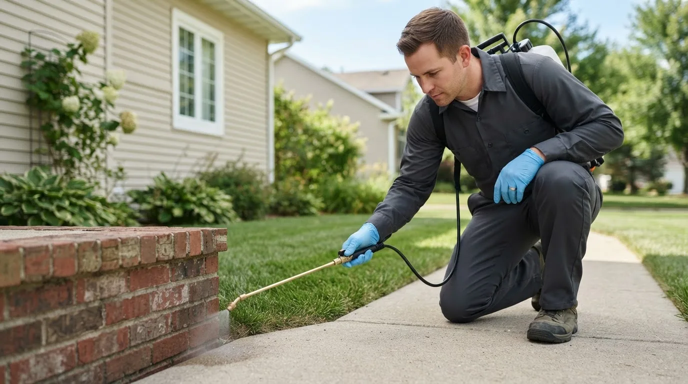 Pest control technician treating a home near Hazen, ND